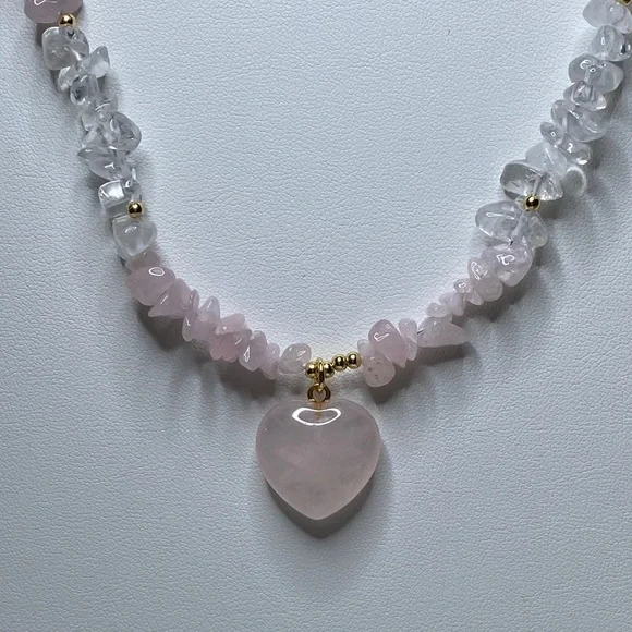 Rose Quartz Heart Pendant Beaded Necklace - Pink - Picture 3 of 9